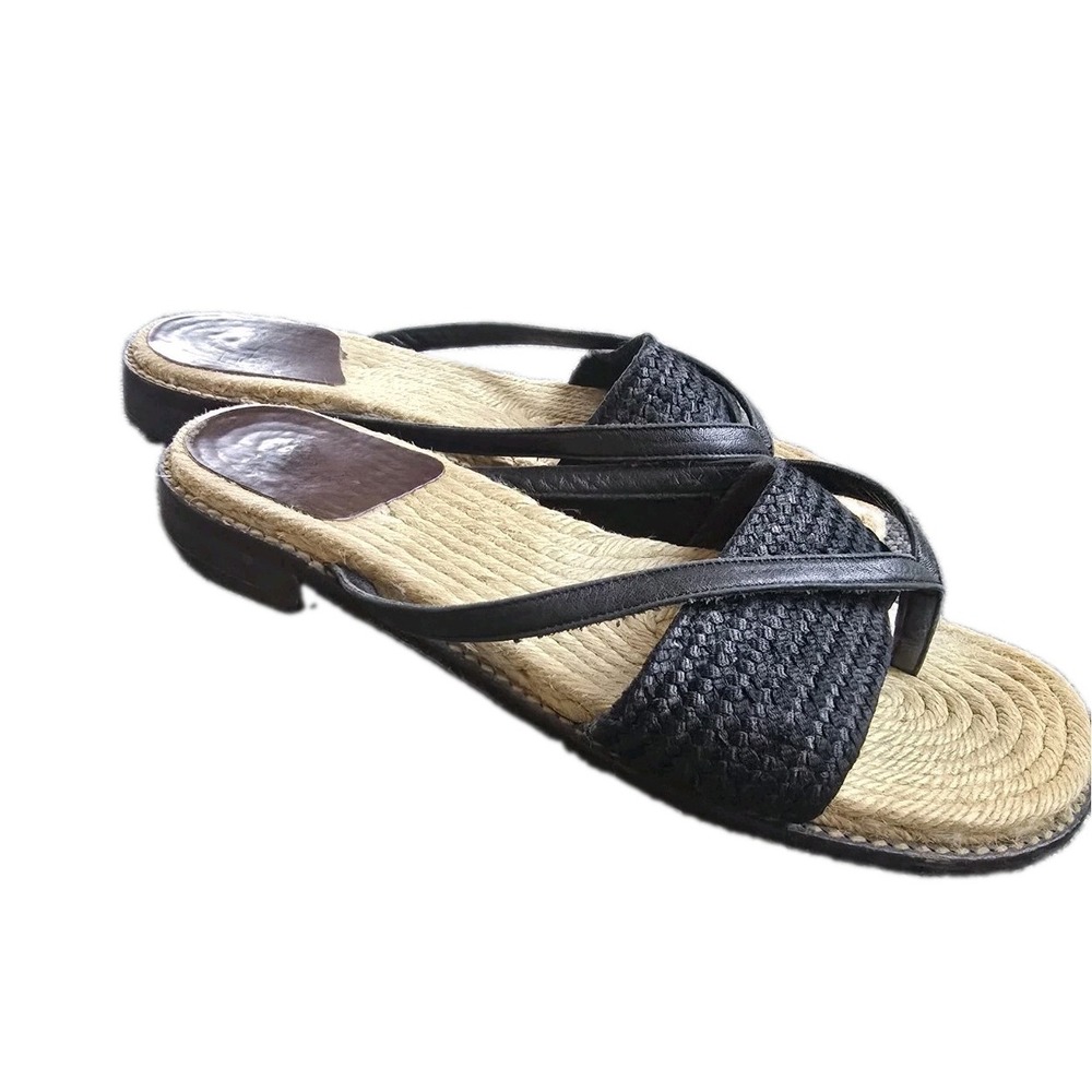 Castaner Prado Black Woven Raffia Leather Espadrille Slide Sandals 39 Spain